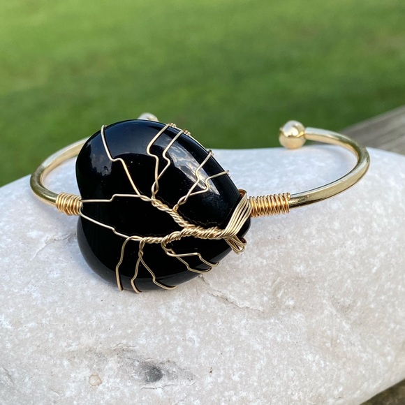 Genuine Black Onyx gemstone Heart Bracelet tree of life wire wrapped bracelet - Picture 3 of 12
